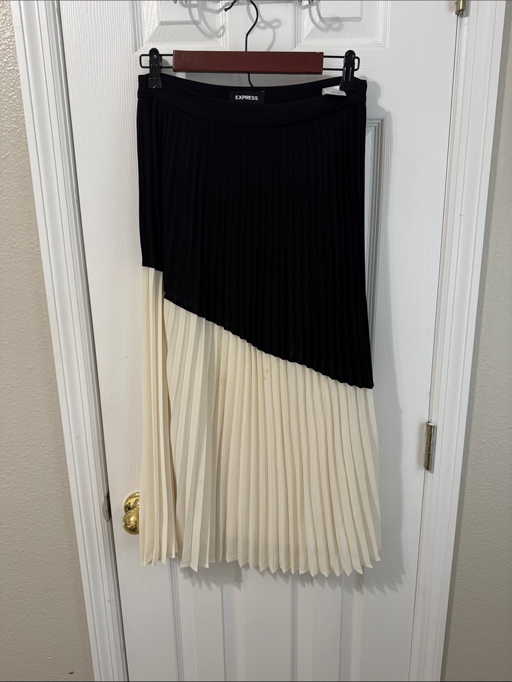 Express Black and Cream Asymmetrical Pleated Midi Skirt
